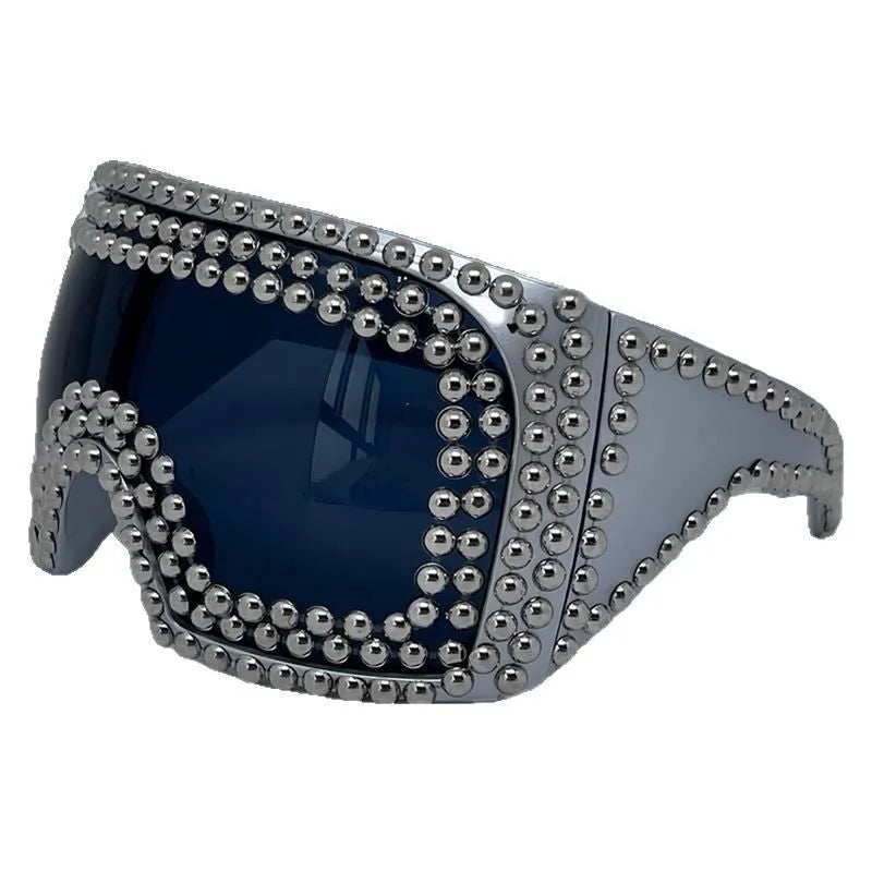 Men's square punk sunglasses with large rim and silver rivets on PC frame
