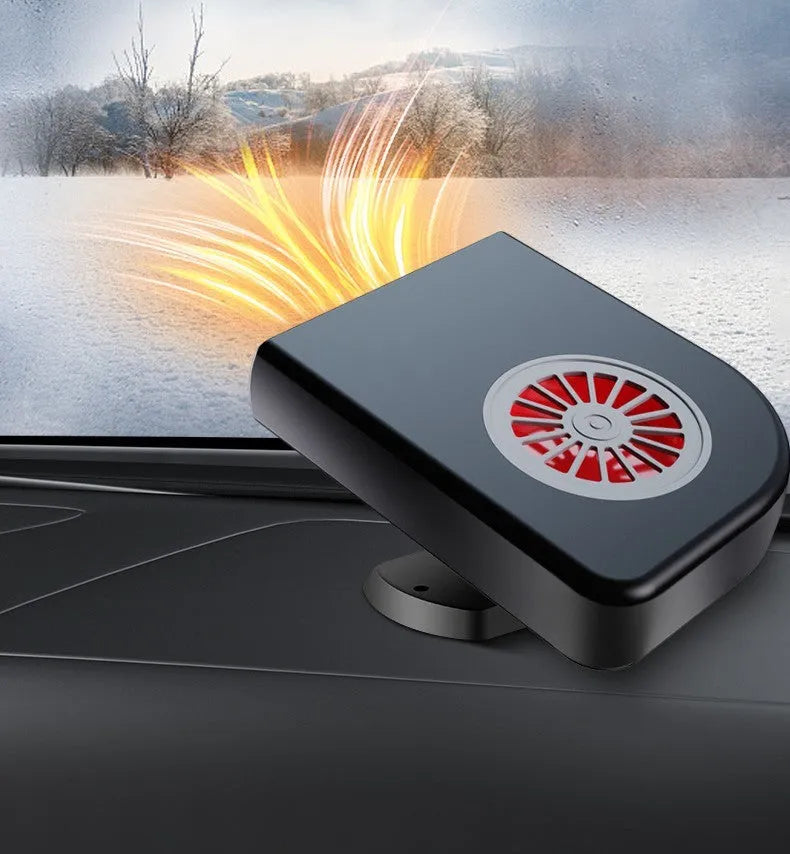 Black compact vehicle-mounted defroster and heater with 360-degree rotation on car dashboard.