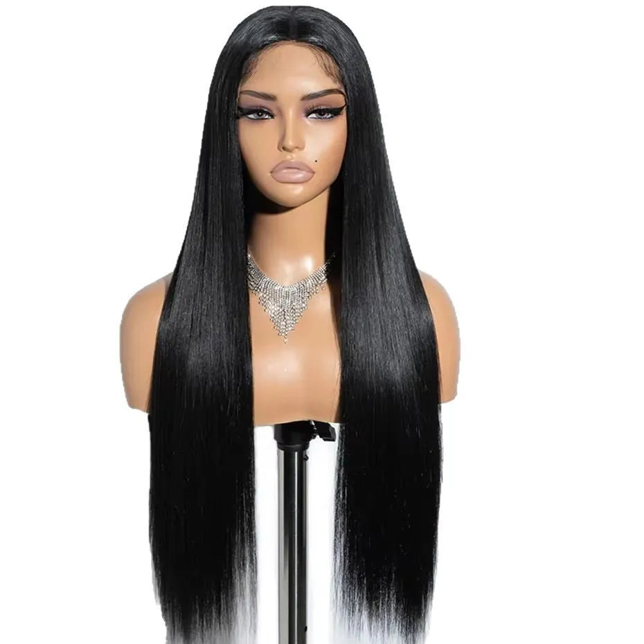 Long straight human hair glueless wig with side bangs, shown in natural style.
