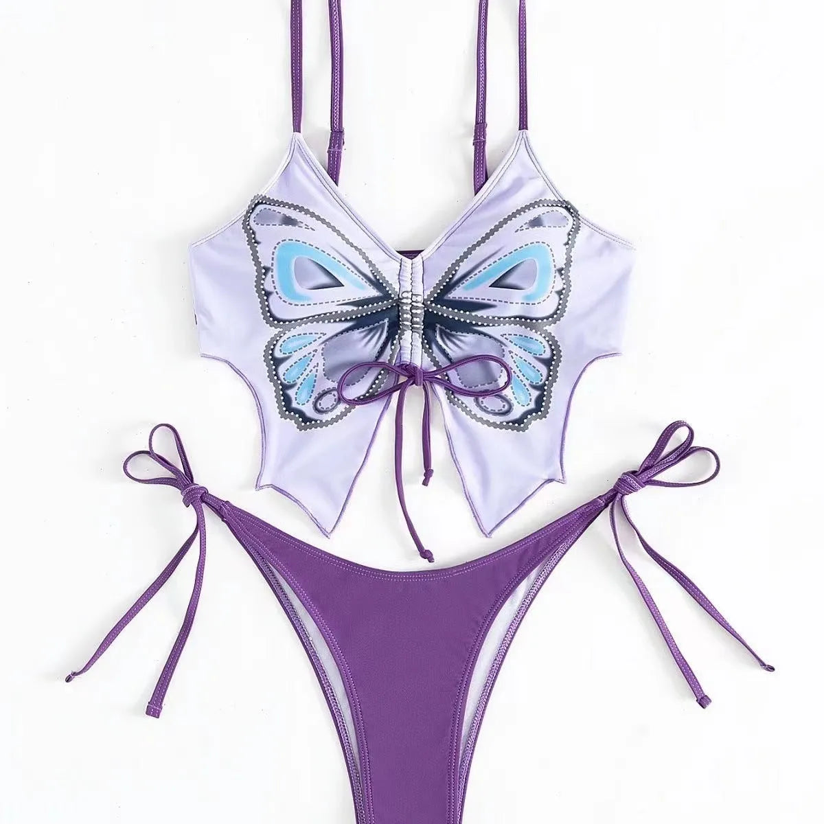 Women's purple split bikini suit with bow detail and briefs-style bottoms