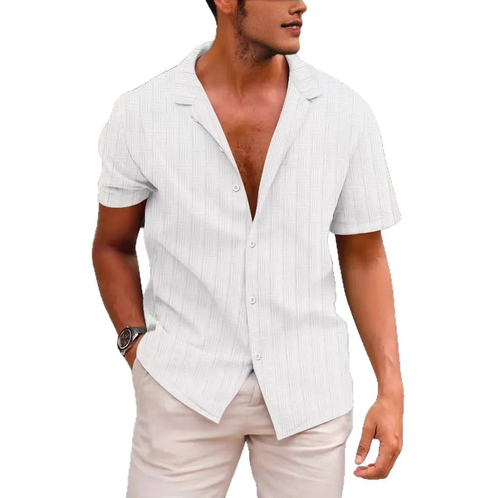 Summer lapels solid colour button-down corduroy shirt for men in apricot, short sleeves, regular fit, British style
