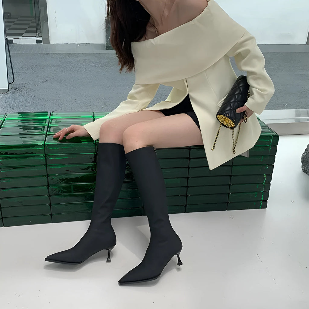 Black women's below-the-knee pointed toe stiletto boots with a back zipper on a white background
