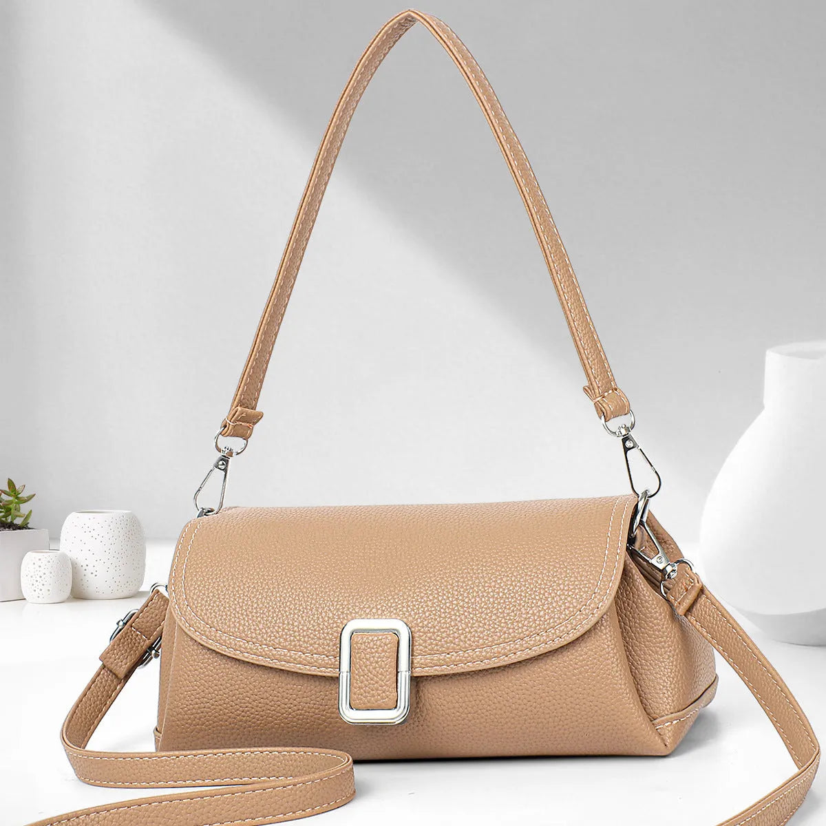 Ladies PU shoulder handbag in crossbody style, 25cm length, compact size for commuting and shopping