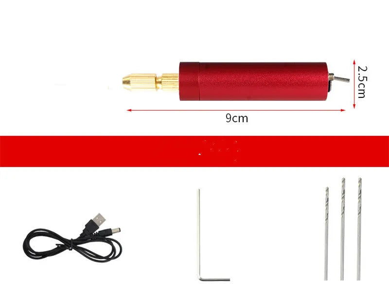 Mini USB electric grinder with aluminium body, two drill chucks, and three bits for resin crafting
