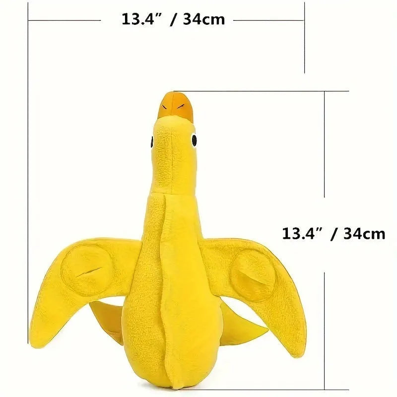 Yellow plush teddy duck dog toy with sound mechanism and treat leak hole for pet training
