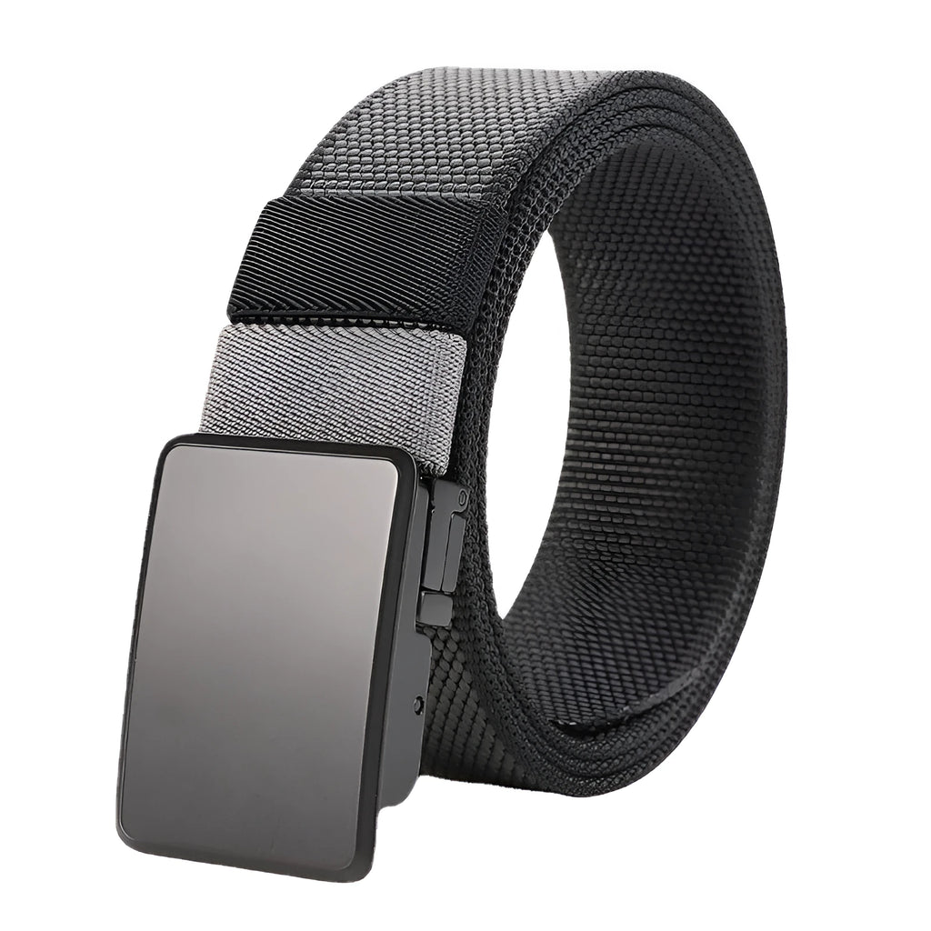 Rotating buckle double-sided nylon men's belt in army green and dark gray with alloy buckle, 125cm length