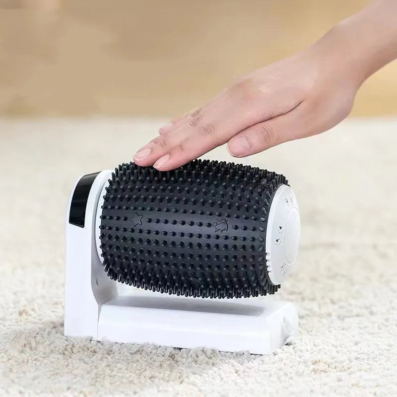 White automatic cat self groomer wall corner brush with ABS frame and silicone bristles, 133 x 96 x 160mm