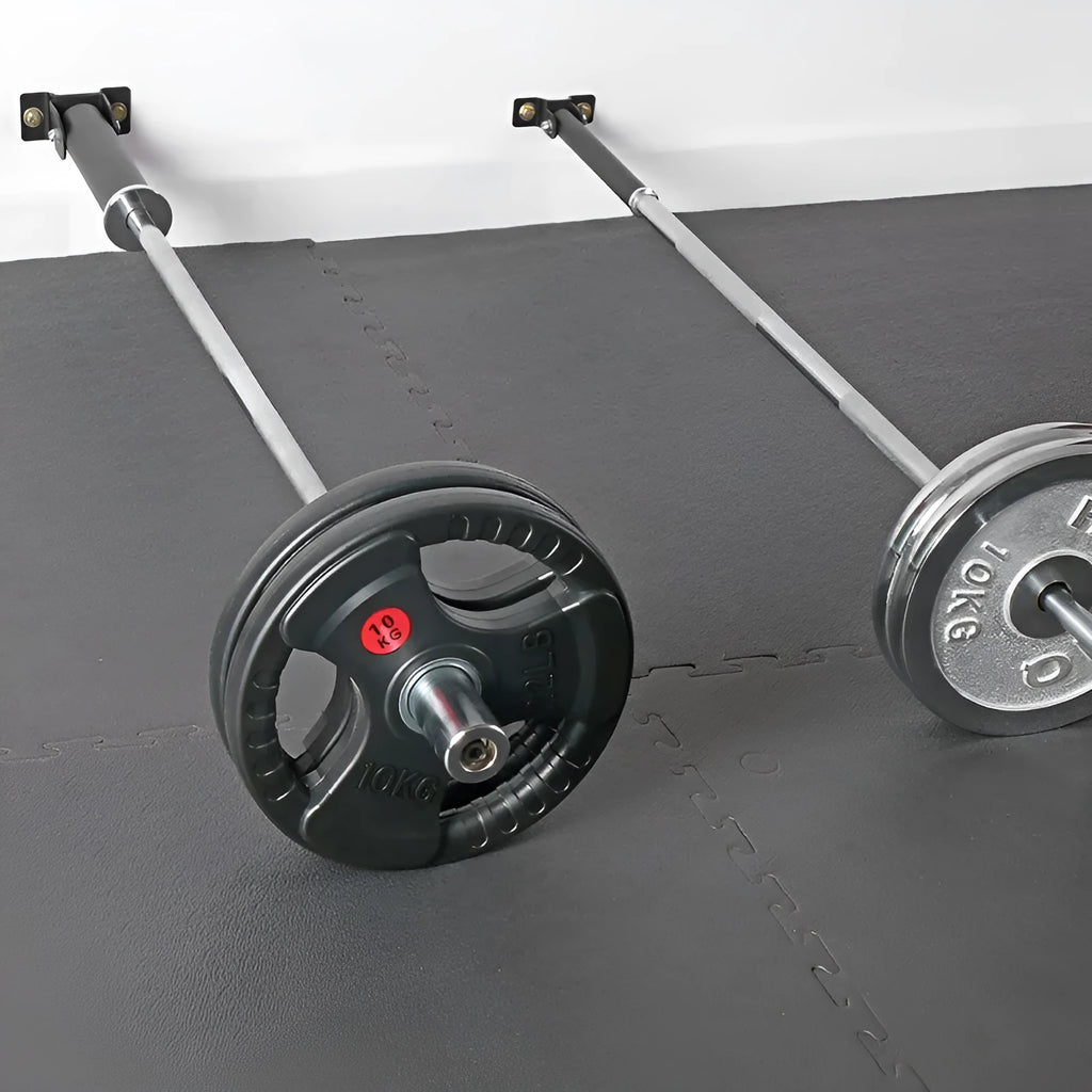 Steel wall-mounted rack for storing 25 barbell rods or gun barrels