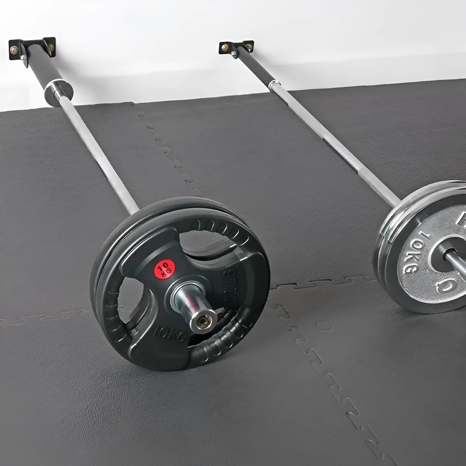 Steel wall-mounted rack for storing 25 barbell rods or gun barrels