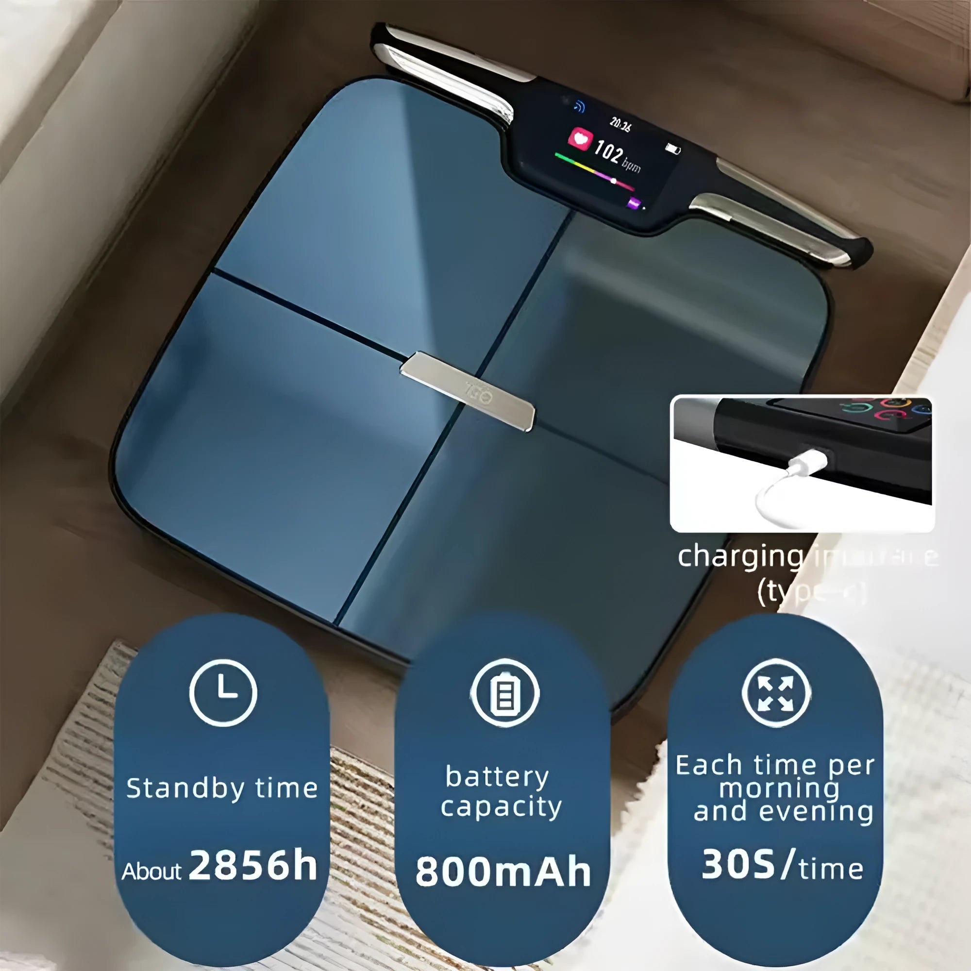 Black eight-electrode body fat weighing scale with digital display for household use