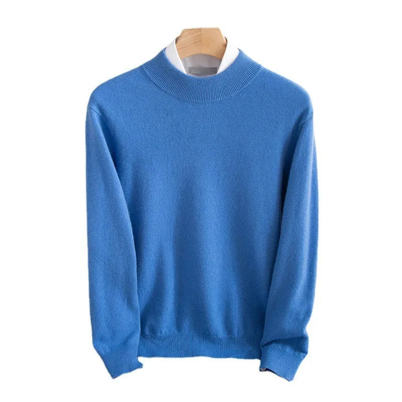 Man wearing a loose-fit half-collar wool sweater in a dark colour, showcasing the knit texture and collar style.
