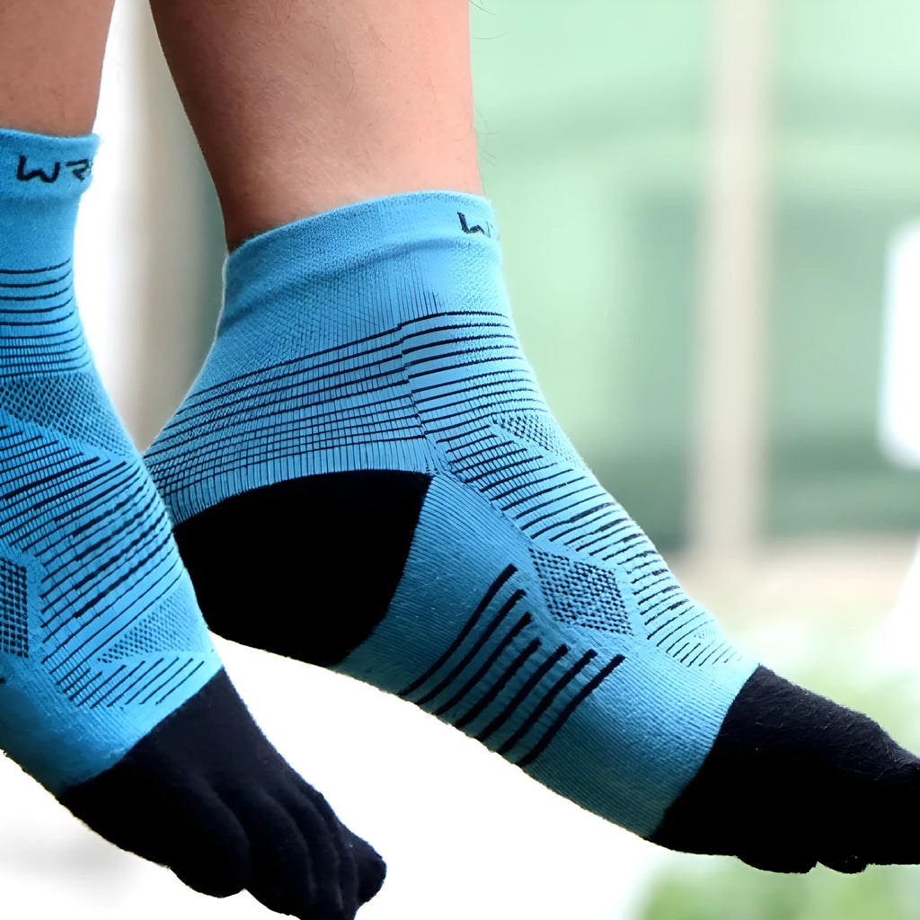 Professional sports toe socks in Coolmax polyester nylon spandex, black gray colour, size M, shown on white background