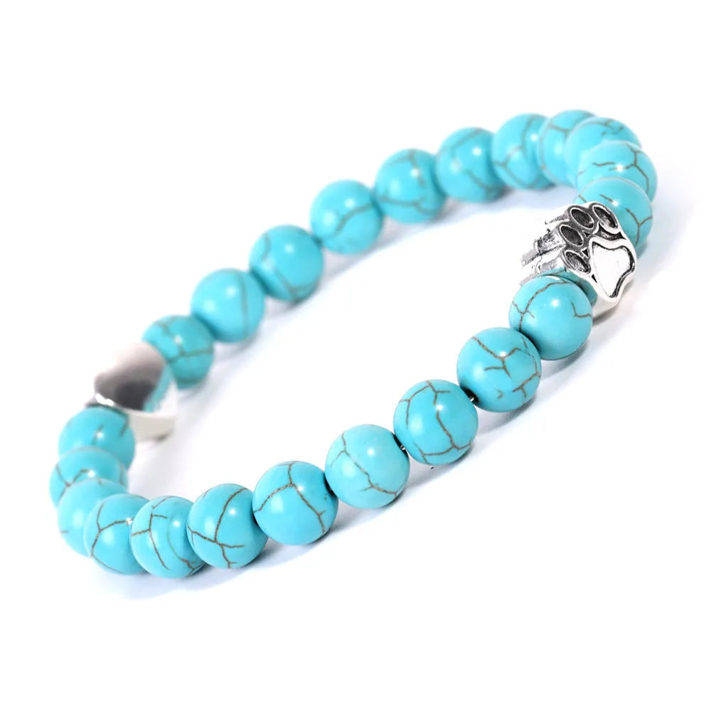 Indian agate stone bracelet with dog's paw and love heart geometric designs on wrist