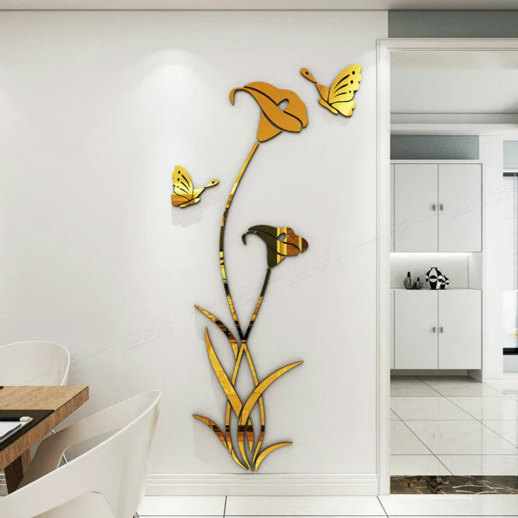 3D acrylic lily wall sticker in pink colour with dimensional floral petals