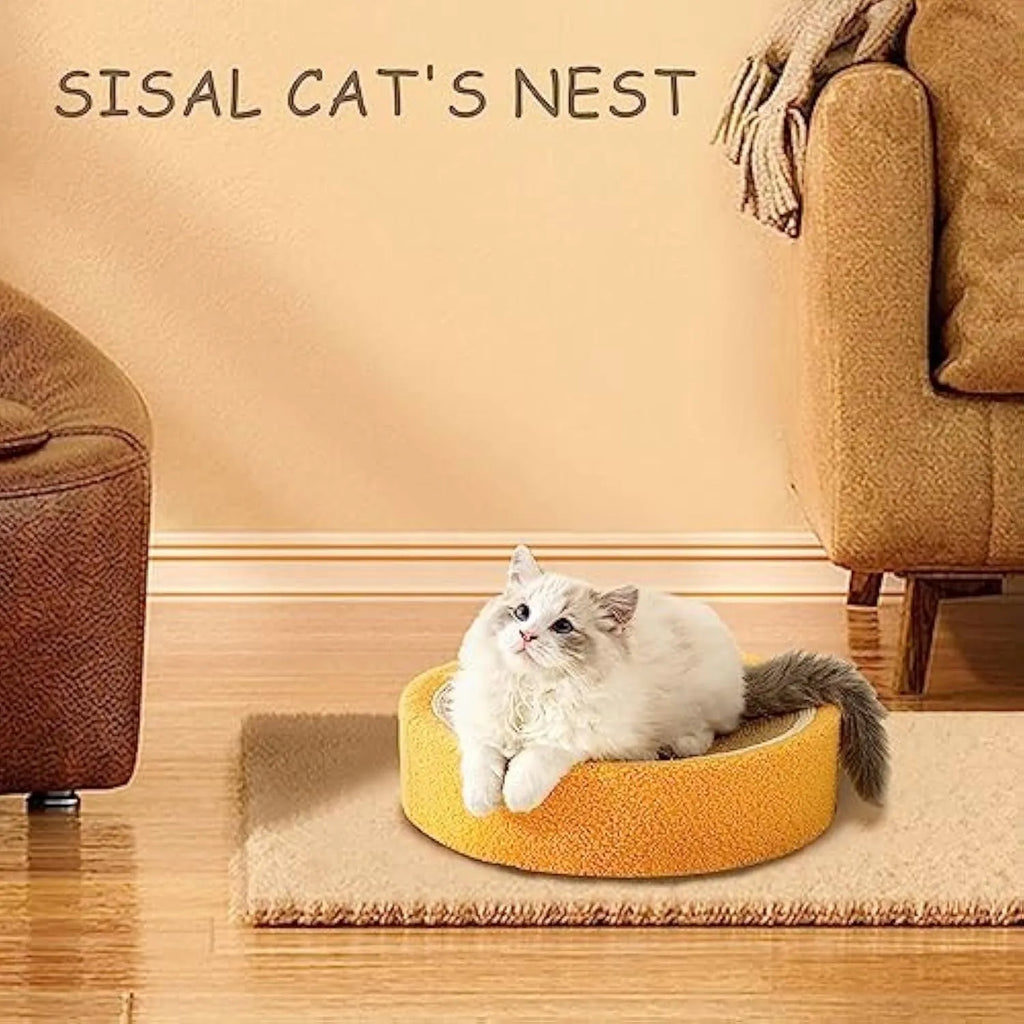 Yellow round sisal cat scratching board with integrated bed for small cat breeds