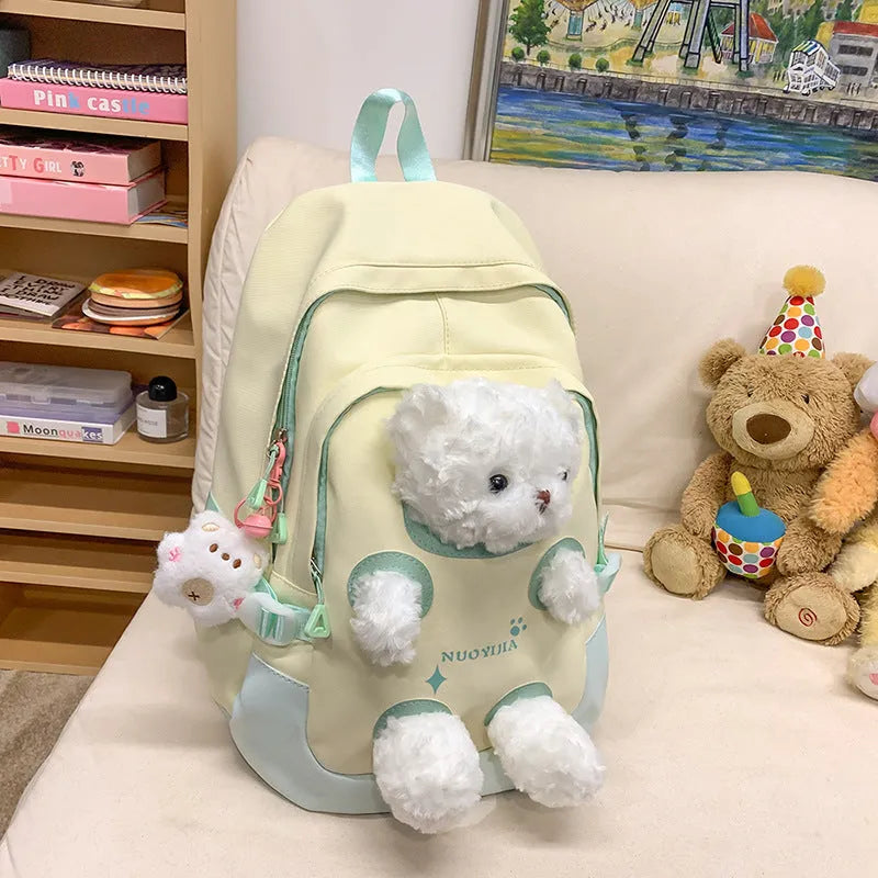 Cute Bear nylon backpack with curved strap in yellow pink macaron colour, 20-35 litre capacity