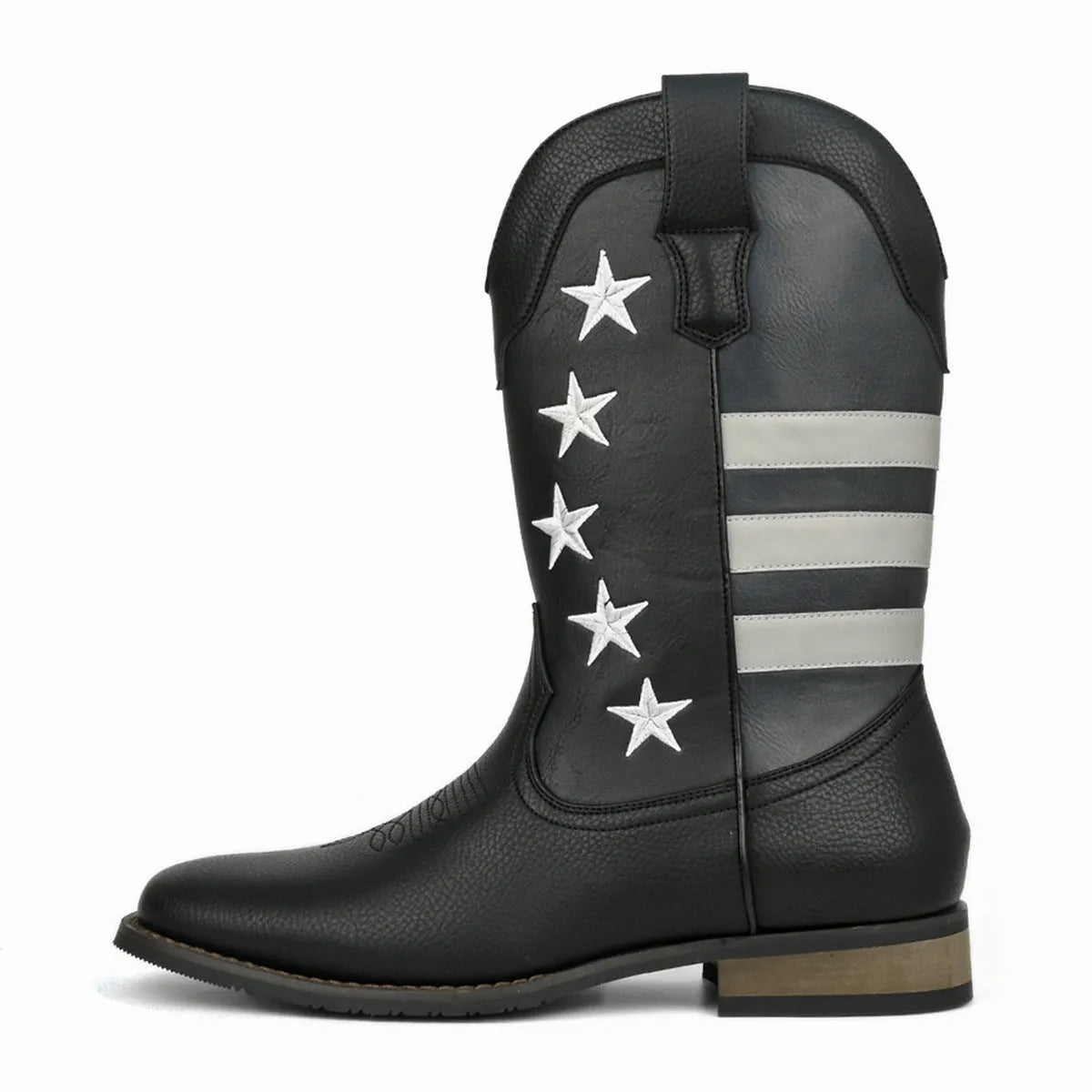 Men's western cowboy boots with five-pointed star design, square heel, round toe, artificial leather, available in sizes 7-15