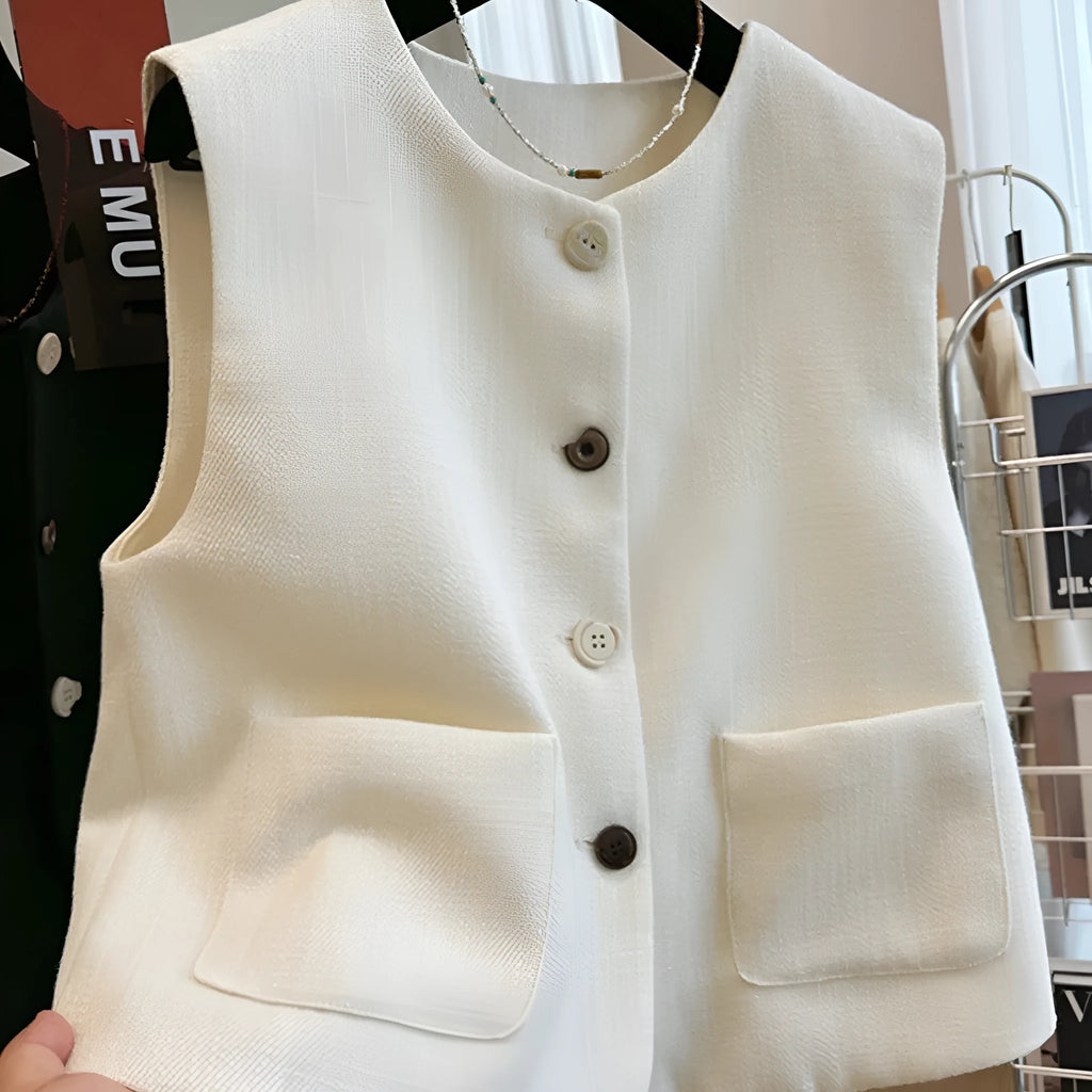 Round neck sleeveless vest with bandage dress styling in milky white colour French style temperament outerwear