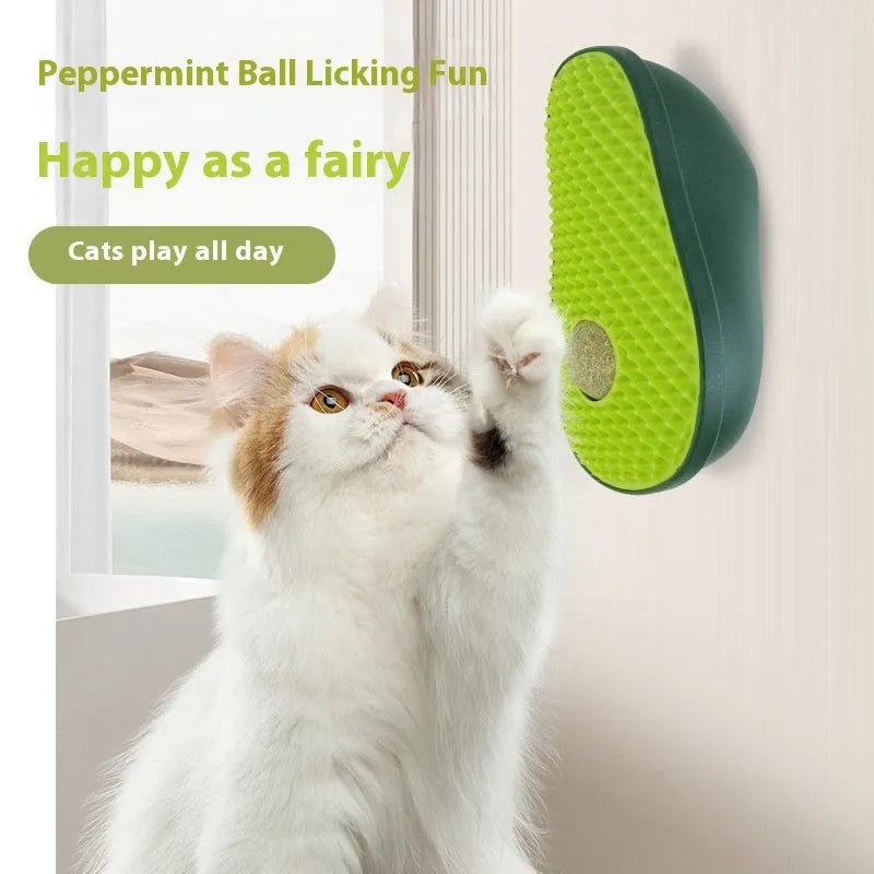 Avocado cat toy with green and brown ABS TPR texture, 13.5 cm long, on a flat surface