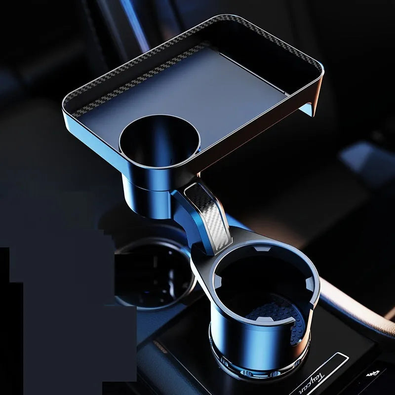 Black car cup holder with rotating dinner tray plate showing 360-degree swivel mechanism