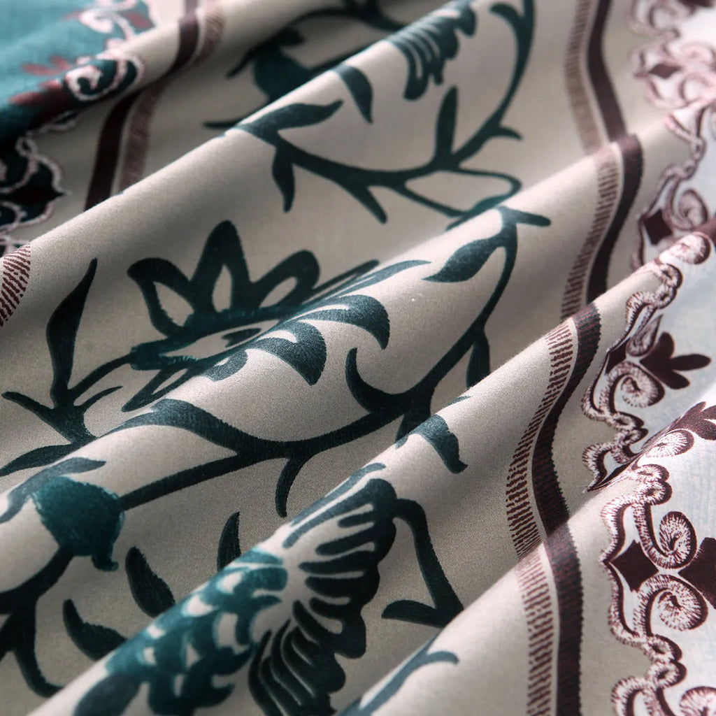 Polyester quilt cover set with edging craft, plain weave, in wine red colour on a bed