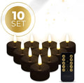Four black LED tealight candles showing 4.1cm diameter and 5cm height dimensions