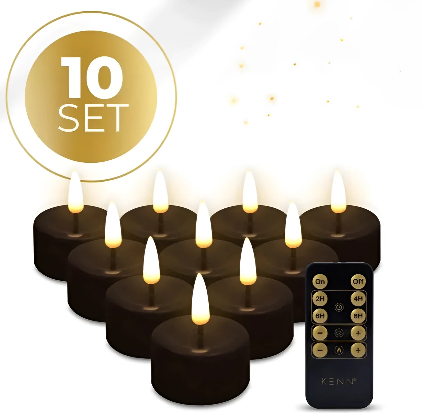 Four black LED tealight candles showing 4.1cm diameter and 5cm height dimensions
