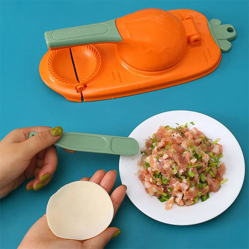2-in-1 dumpling skin press tool in orange, made of food-grade plastic, with ergonomic handle and hanging hole