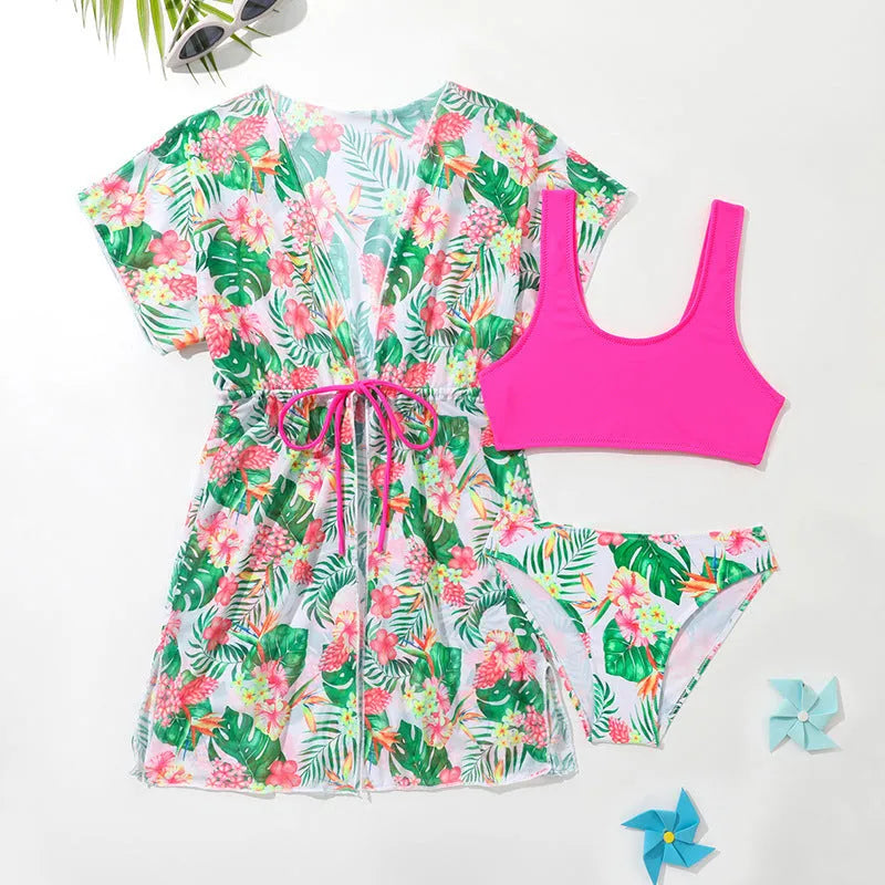 Girls floral two-piece swimsuit in polyester fabric for swimming sports
