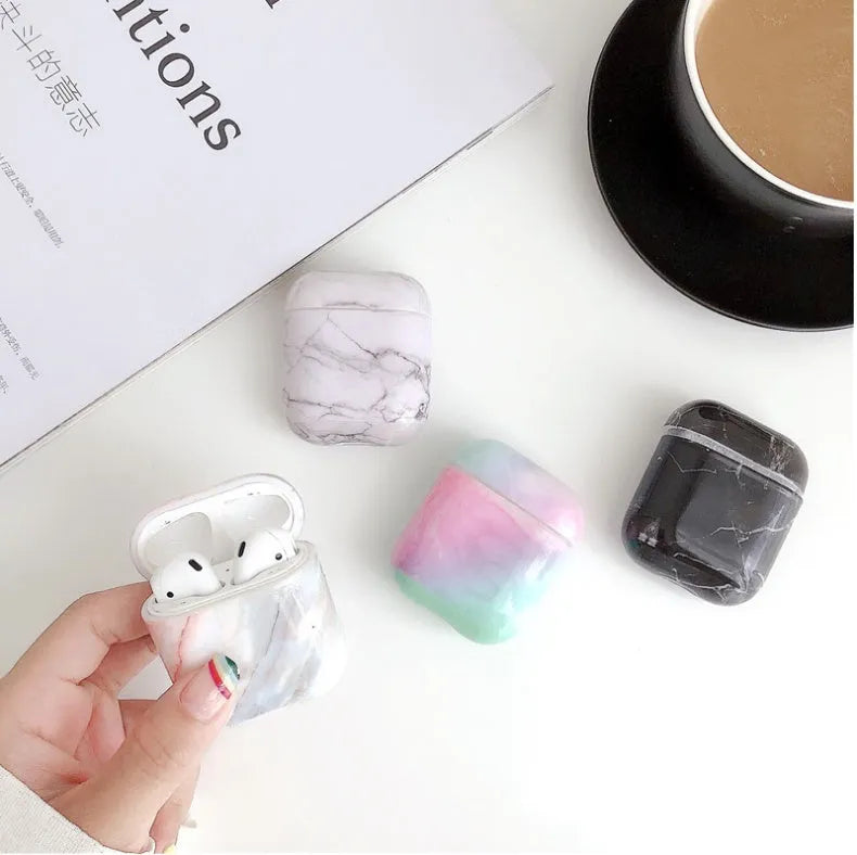 White marble patterned hard PC protective case compatible with Apple Airpods 1 and 2 charging box