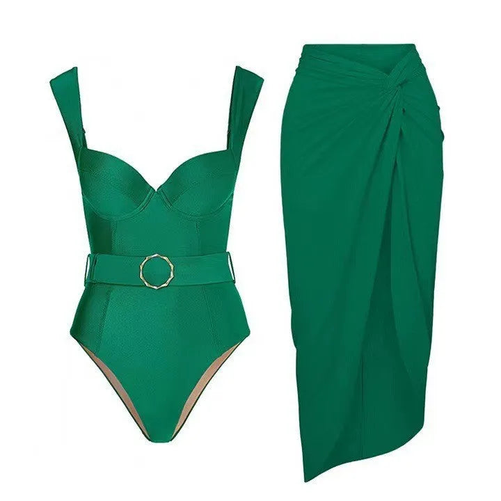 Women's polyester one-piece swimsuit with a gauze skirt, shown in double shoulder and oblique shoulder styles.