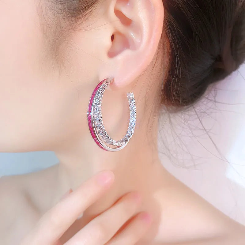 Women's geometric copper earrings with zirconia, silver needle design, red corundum colour option