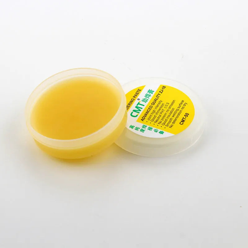 High purity rosin soldering flux paste in a sealed plastic pot for electric soldering iron use