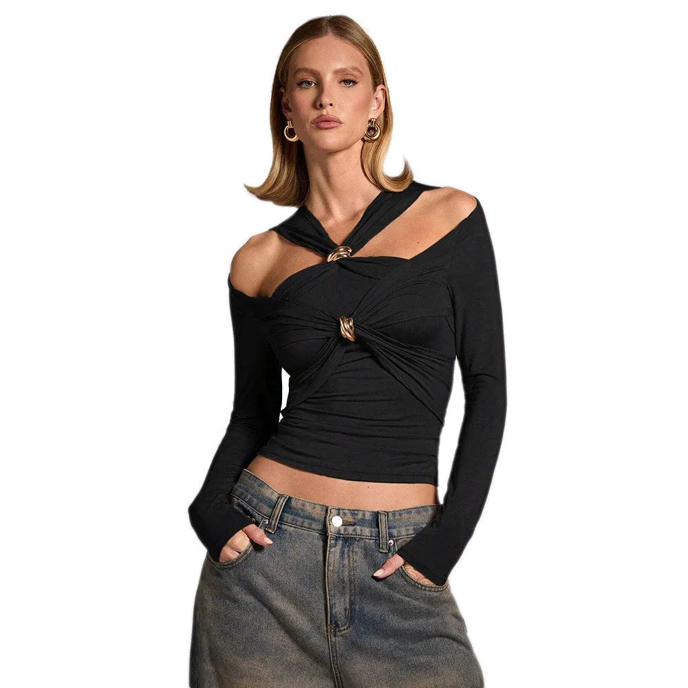 Black polyester women's halter top with long sleeves and slim fit