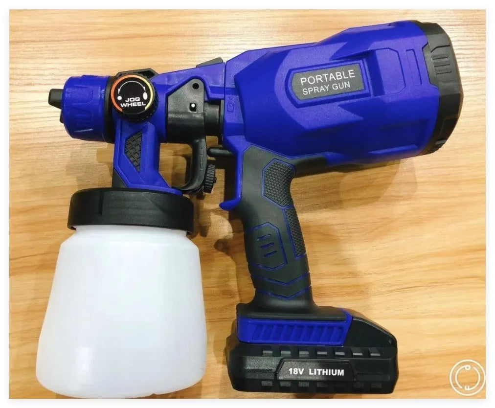 Blue cordless automatic paint spray gun with a large paint container and nozzle.