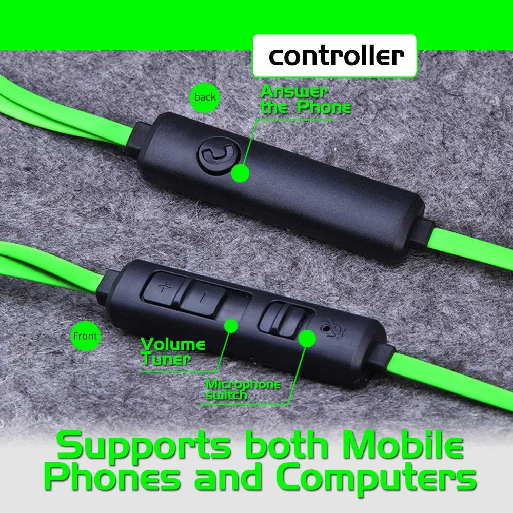 Shuangmai wired in-ear computer gaming headset in black, green, and red colours with 1.5 cm cable.