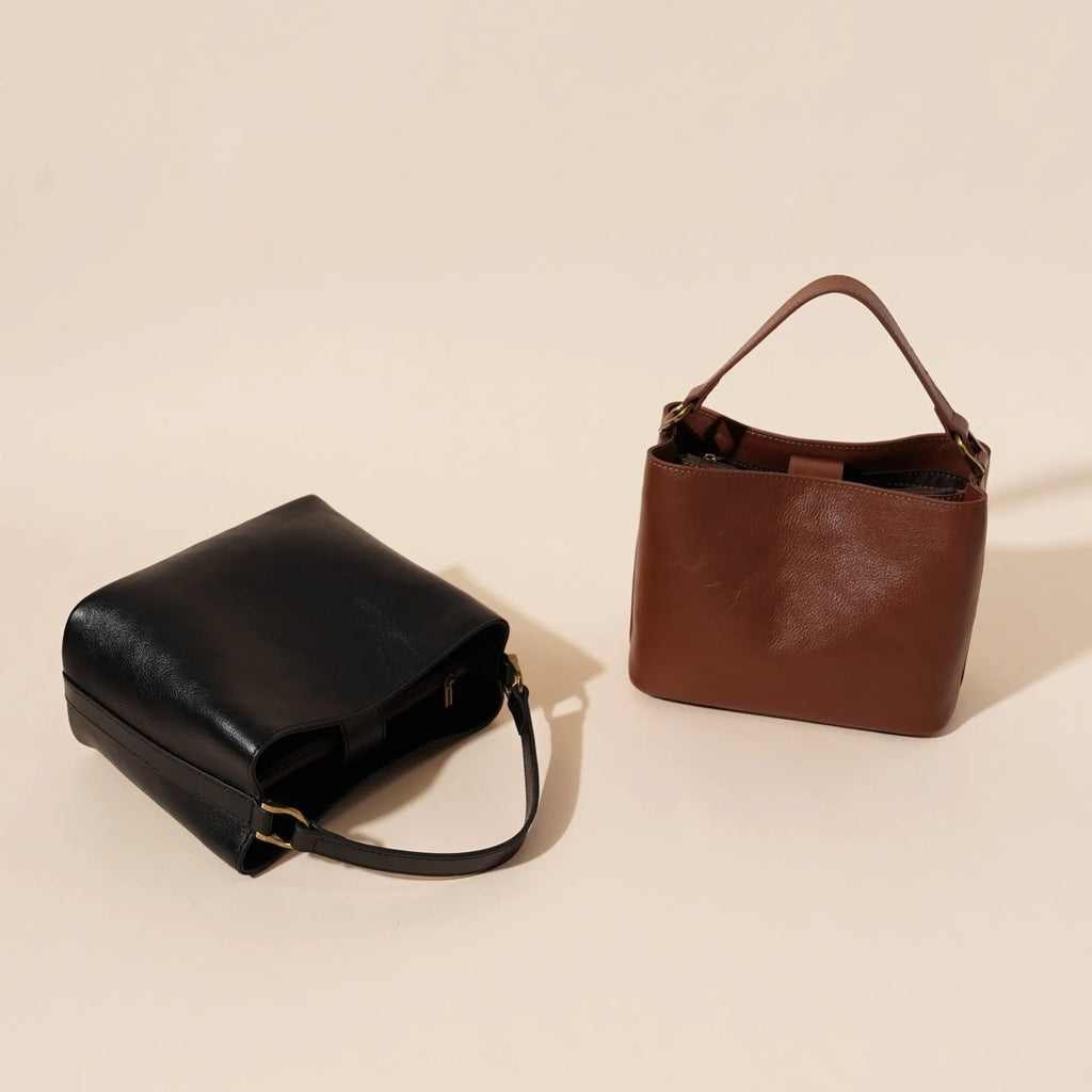 Genuine cowhide leather shoulder handbag sugar brown square vertical shape with sewing thread details on front