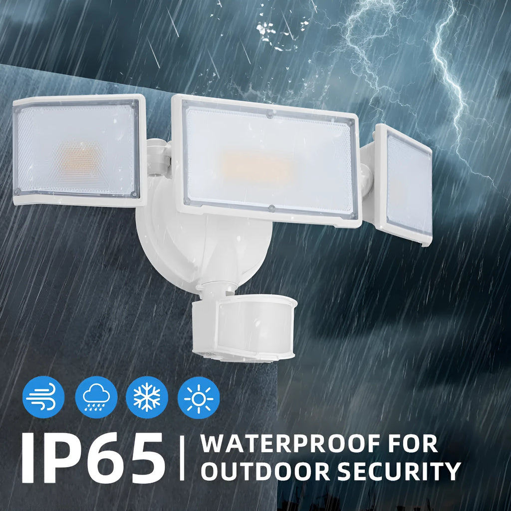 White LED human body induction security flood light with motion sensor showing wall mounting bracket