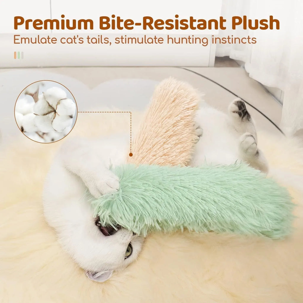Plush cat toy pillow in four colours: green, white, blue, and pink, measuring 27x10cm