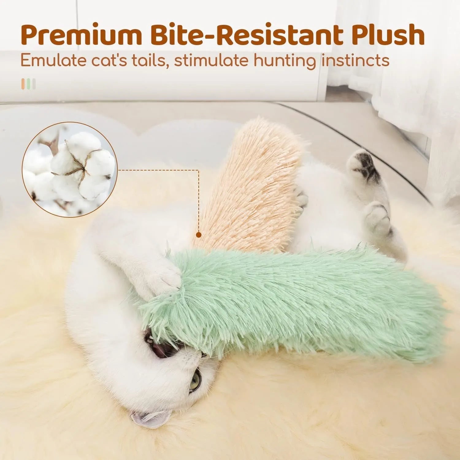 Plush cat toy pillow in four colours: green, white, blue, and pink, measuring 27x10cm