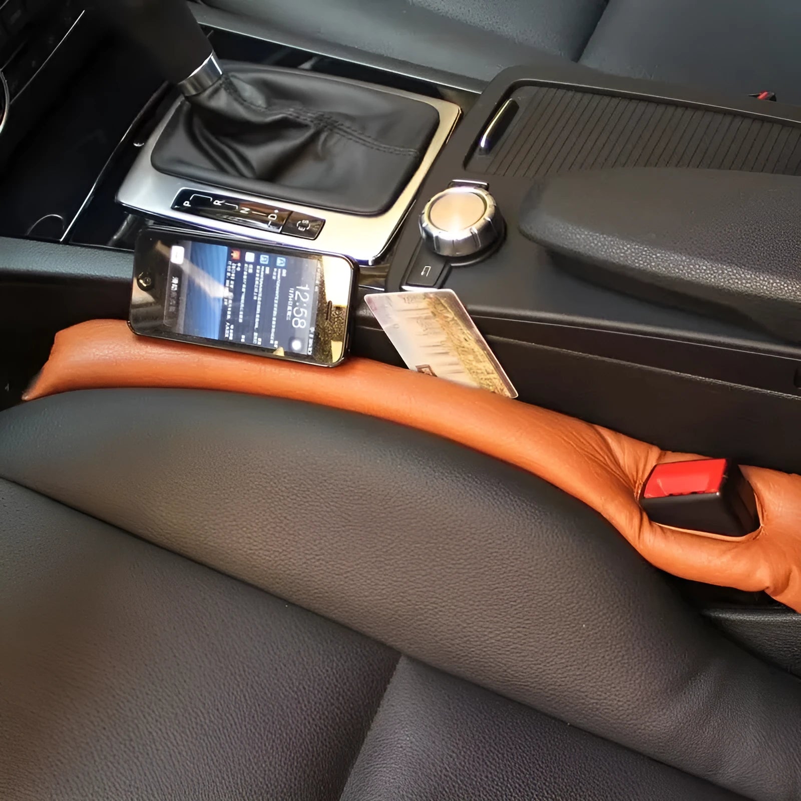 PU leather car seat gap strip in beige positioned between seat and console