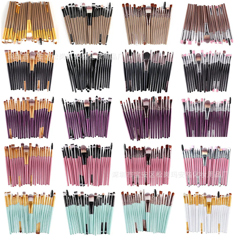 Cosmetic brush kit with nylon bristles and plastic handle, 14cm total length, available in black and gold colour option