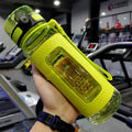 Portable sport water bottle in blue, copolymer polyester plastic, 1100ml capacity, with black cap.