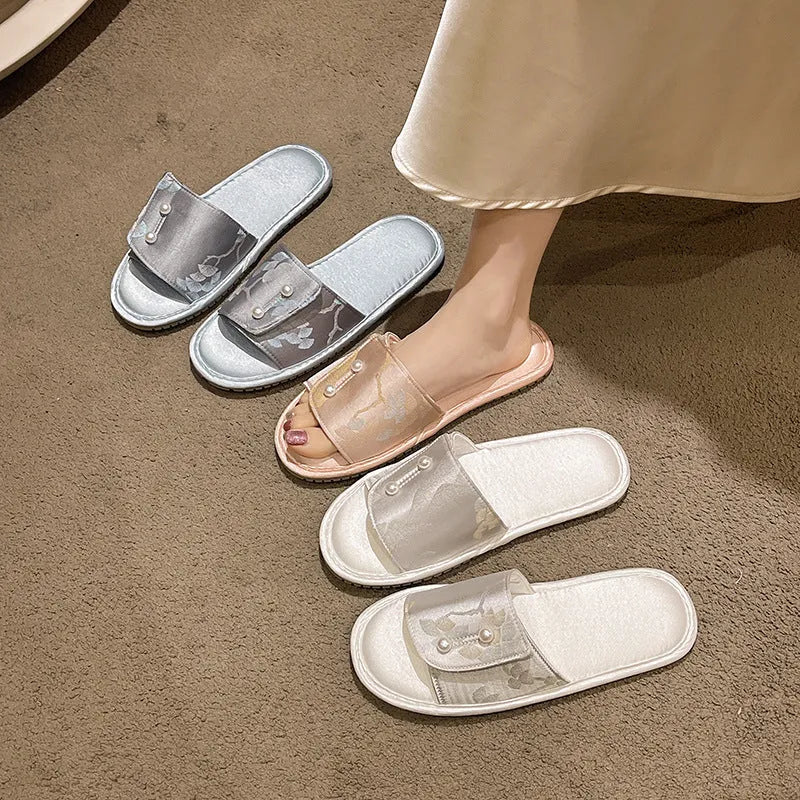 Casual soft bottom non-slip flat sandals with TPR sole, breathable spliced upper, available in blue pink and white colours