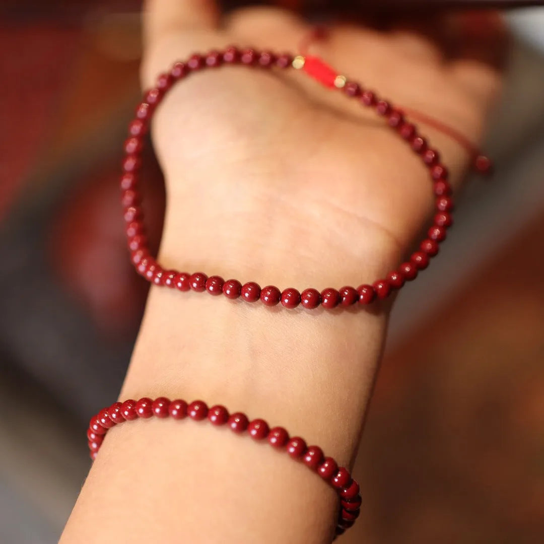 Natural cinnabar bracelet with purple gold sand design and geometric shape featuring Chinese auspicious patterns