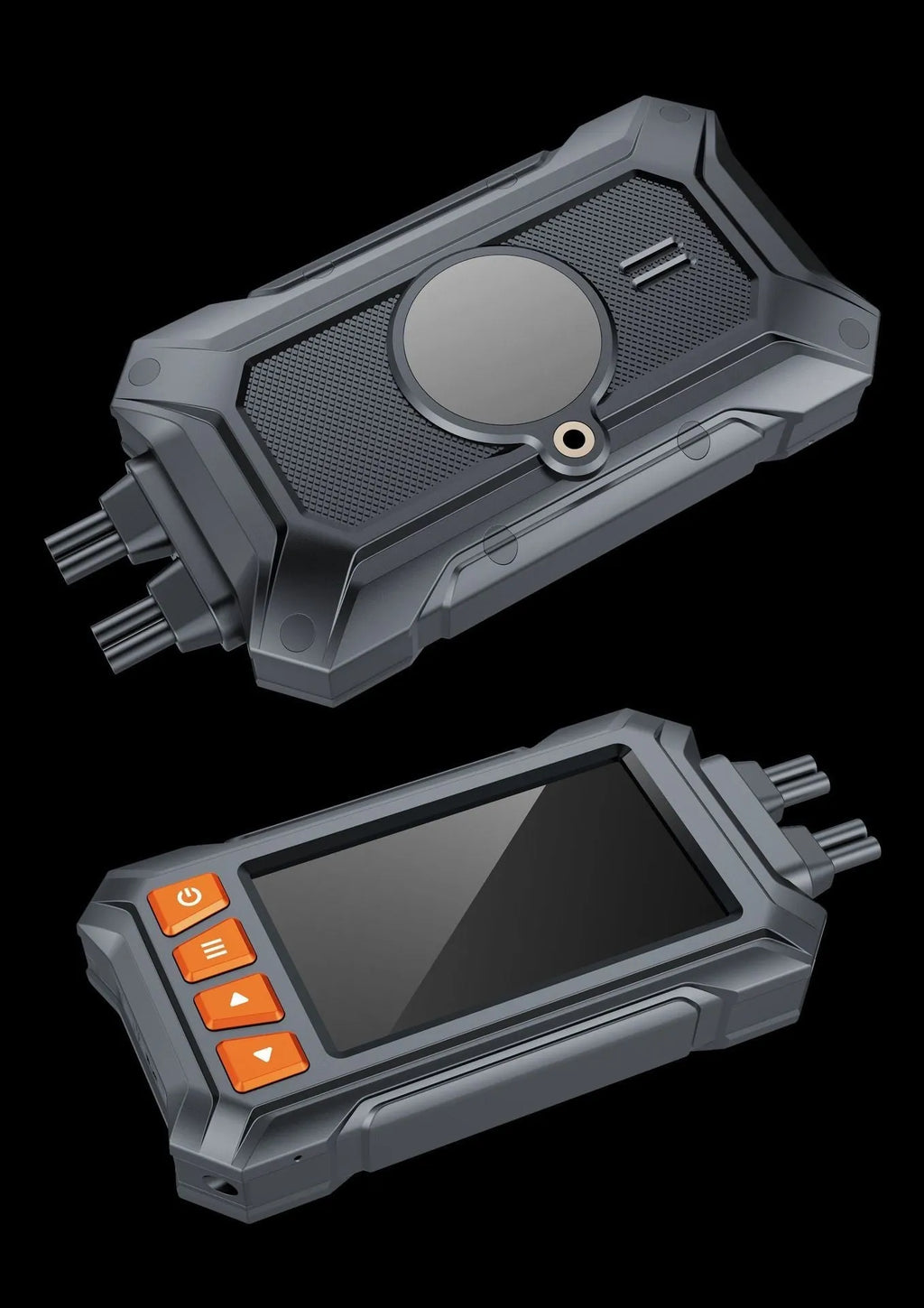 Motorcycle tachograph dash cam with 3 inch screen, dual lenses, GPS module, and handlebar wireless controller on a motorcycle handlebar.