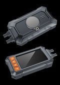 Motorcycle tachograph dash cam with 3 inch screen, dual lenses, GPS module, and handlebar wireless controller on a motorcycle handlebar.