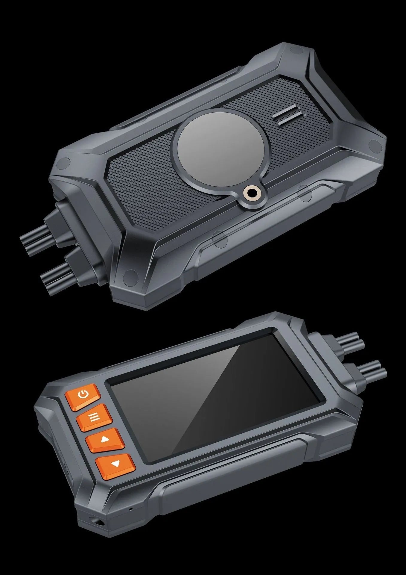 Motorcycle tachograph dash cam with 3 inch screen, dual lenses, GPS module, and handlebar wireless controller on a motorcycle handlebar.
