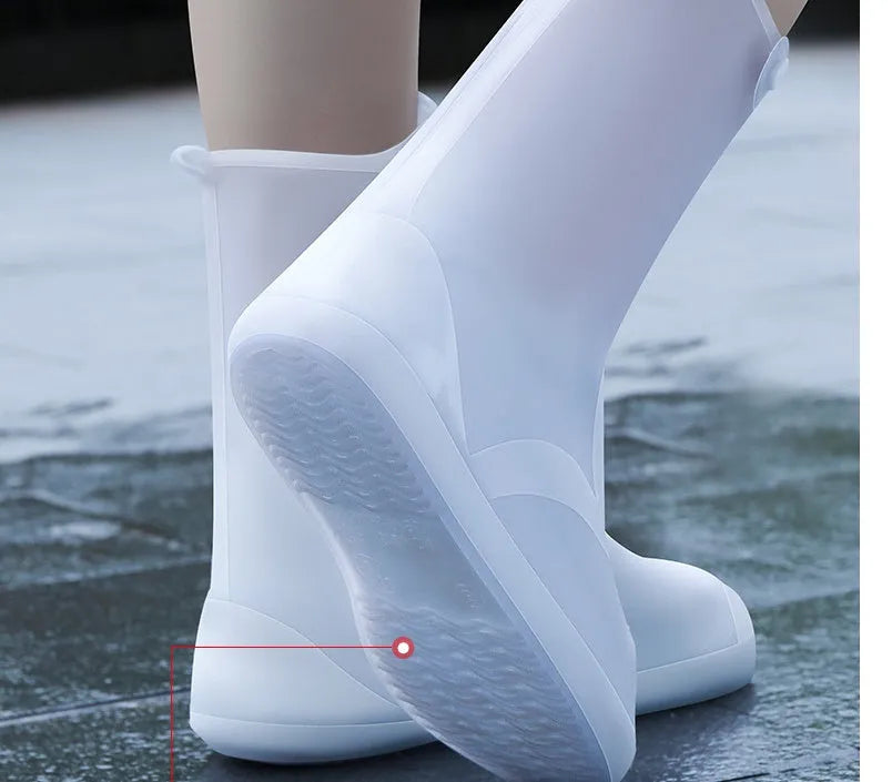 Women's white high-top PVC reusable waterproof shoe cover with anti-skid sole