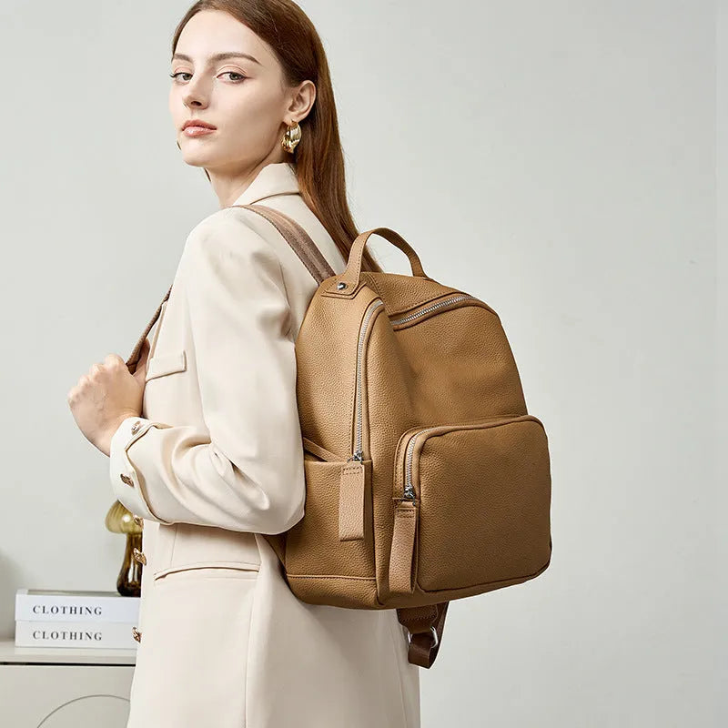 Genuine leather women's backpack in brown large size with soft handle and square vertical shape